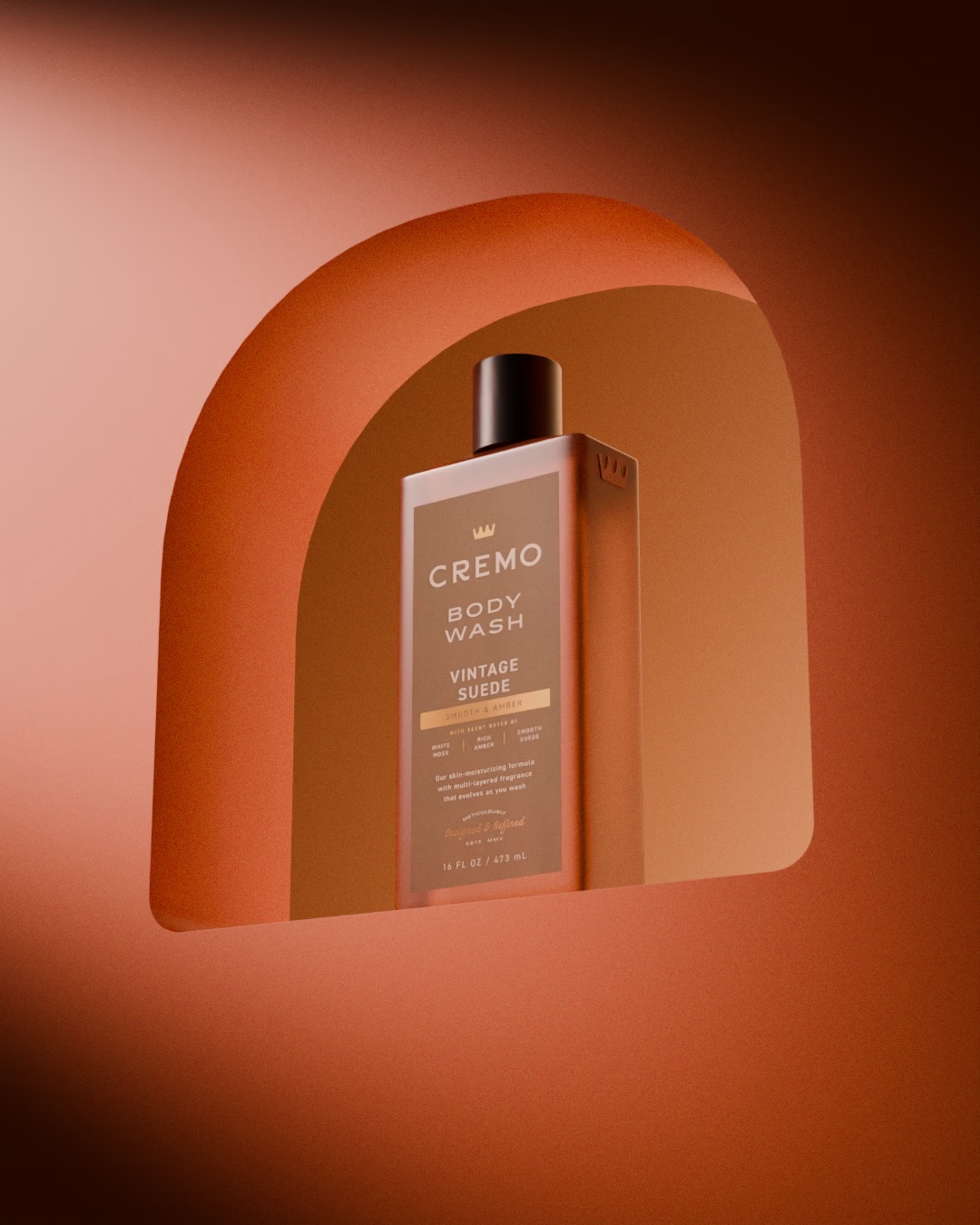 3D render of a Cremo Vintage Suede body wash bottle set in an arched terracotta alcove