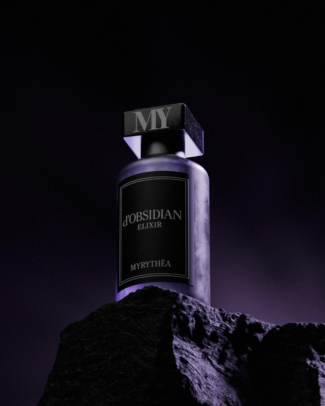 3D render of a Myrythéa d'Obsidian Elixir perfume bottle resting on dark rock under purple light