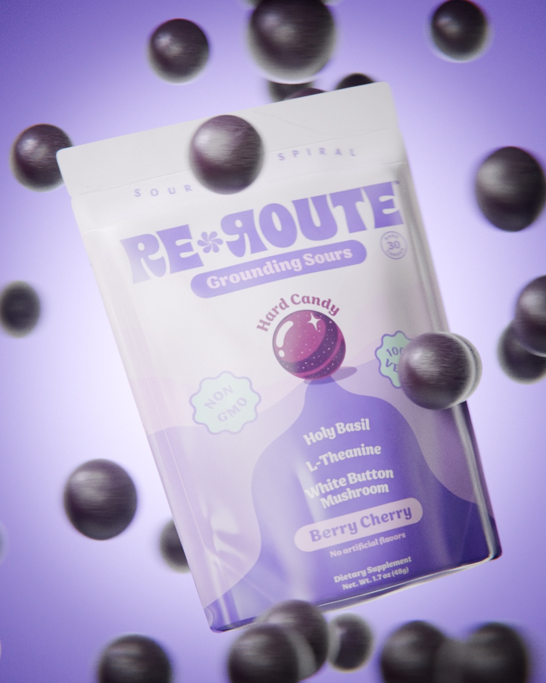 3D render of a Re-Route Grounding Sours candy pouch floating among dark candies on a purple background